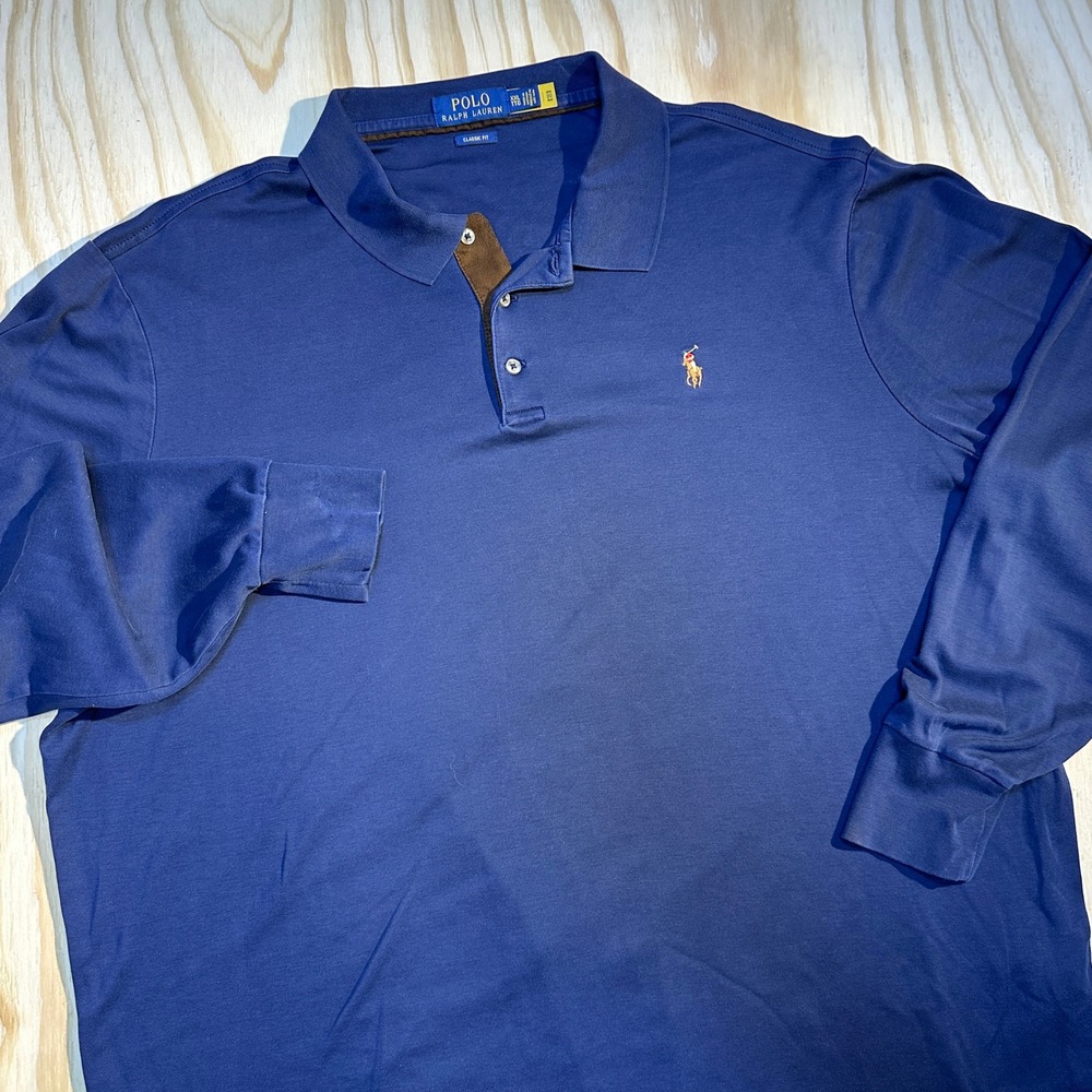 Polo Ralph Lauren Men's Classic Fit Long Sleeve Blue Brown Accent Polo Shirt XXL